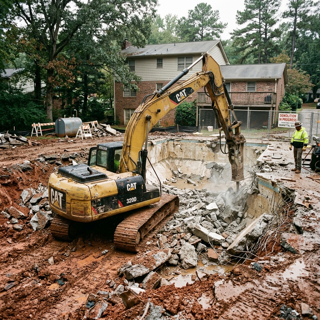 Pool demolition site in Marietta showing concrete shell removal and Georgia clay