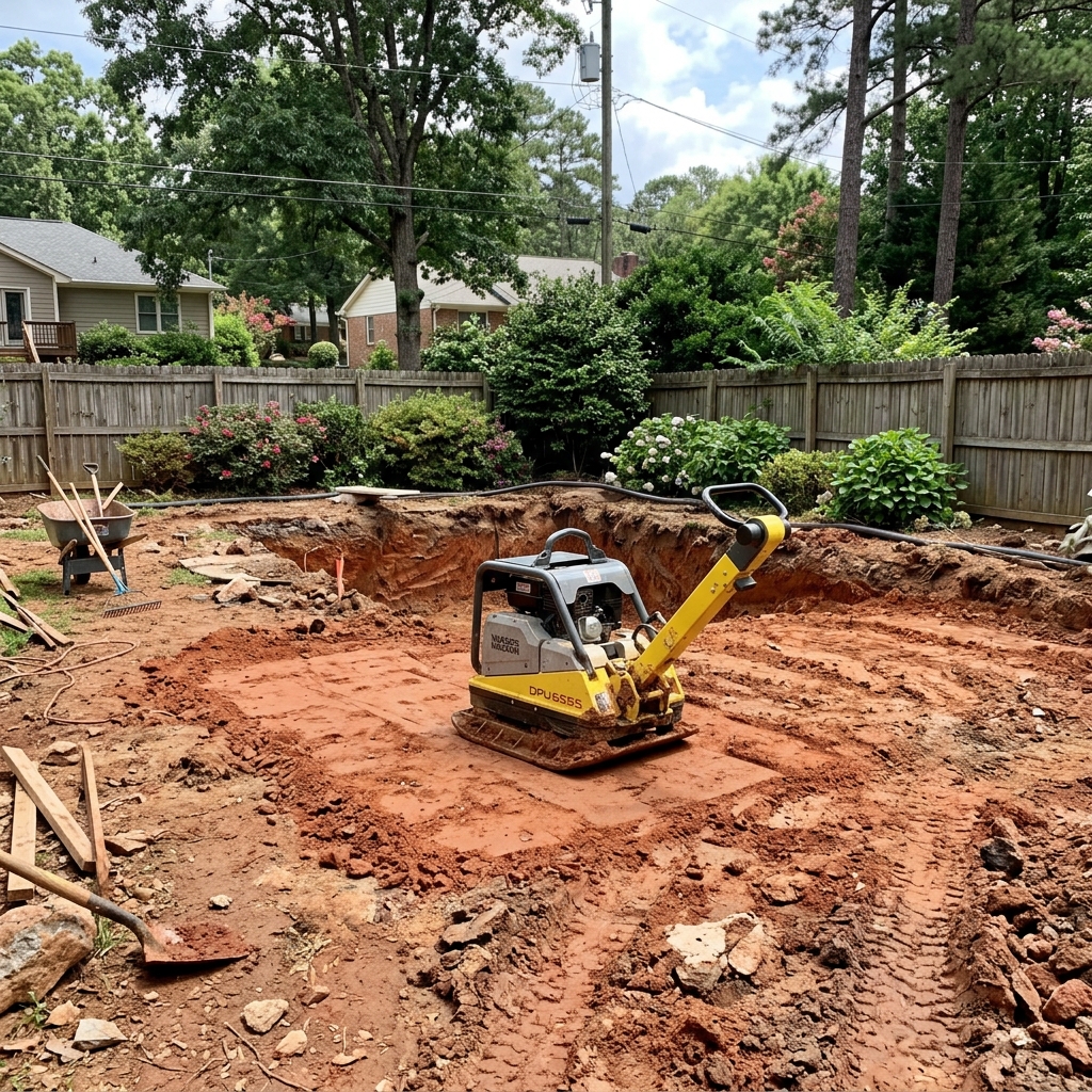 Backyard restoration in Marietta where an old pool has been removed to create room for a new patio